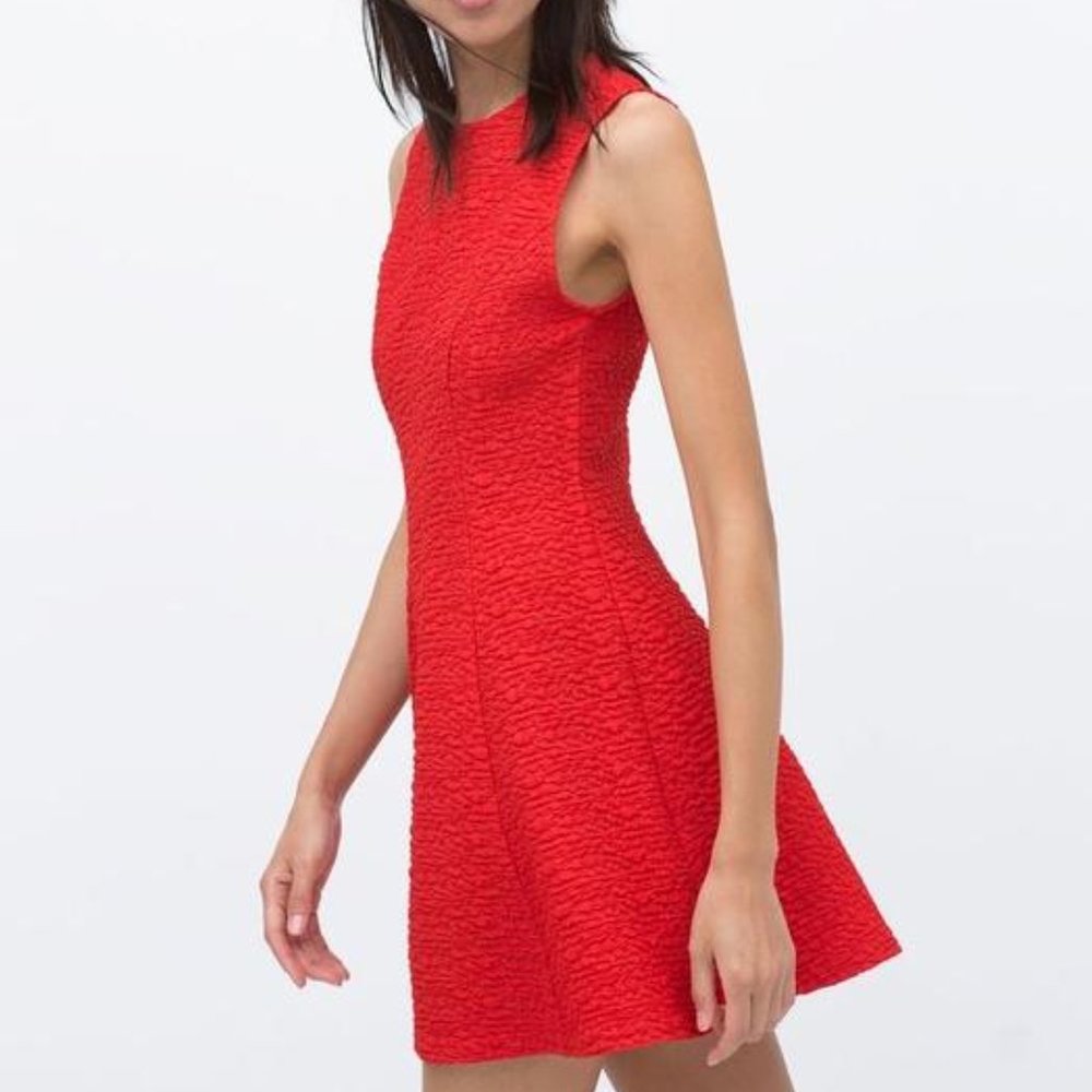 Zara Red Fit and Flare Jacquard Dress